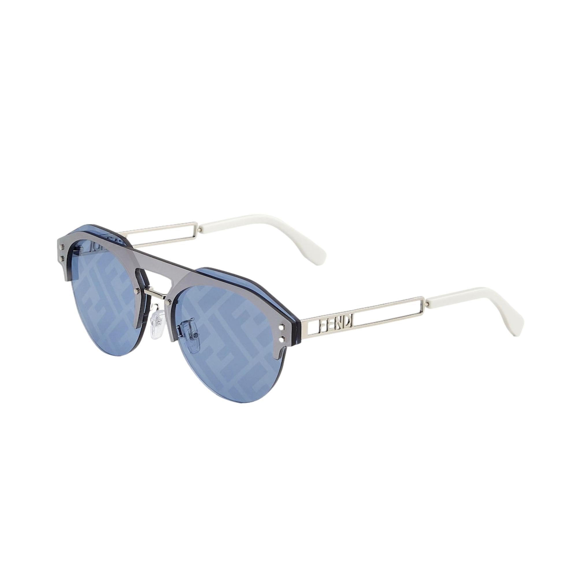 Fendi Technicolour Blue FF Print Lenses Palladium Pilot Frame Sunglasses available at Queen Bee of Beverly Hills