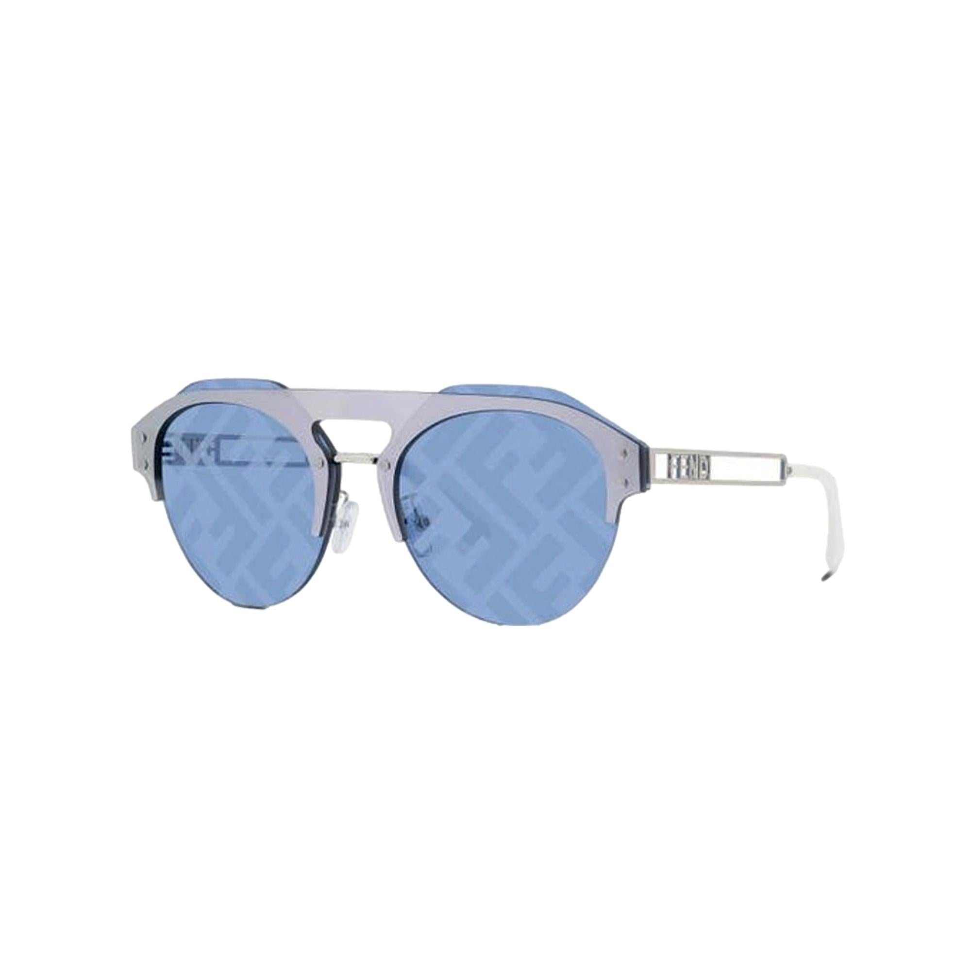Fendi Technicolour Blue FF Print Lenses Palladium Pilot Frame Sunglasses available at Queen Bee of Beverly Hills