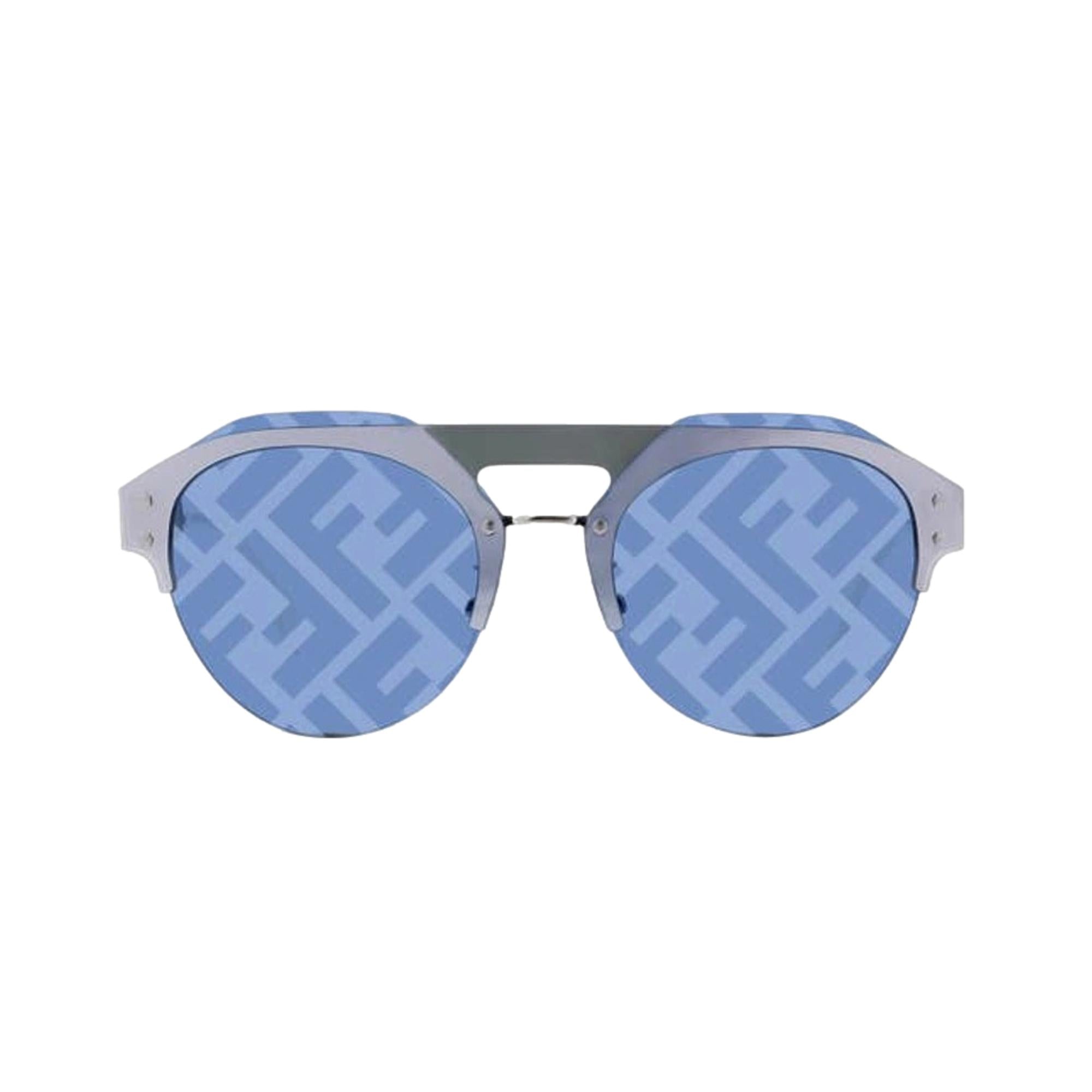 Fendi Technicolour Blue FF Print Lenses Palladium Pilot Frame Sunglasses available at Queen Bee of Beverly Hills