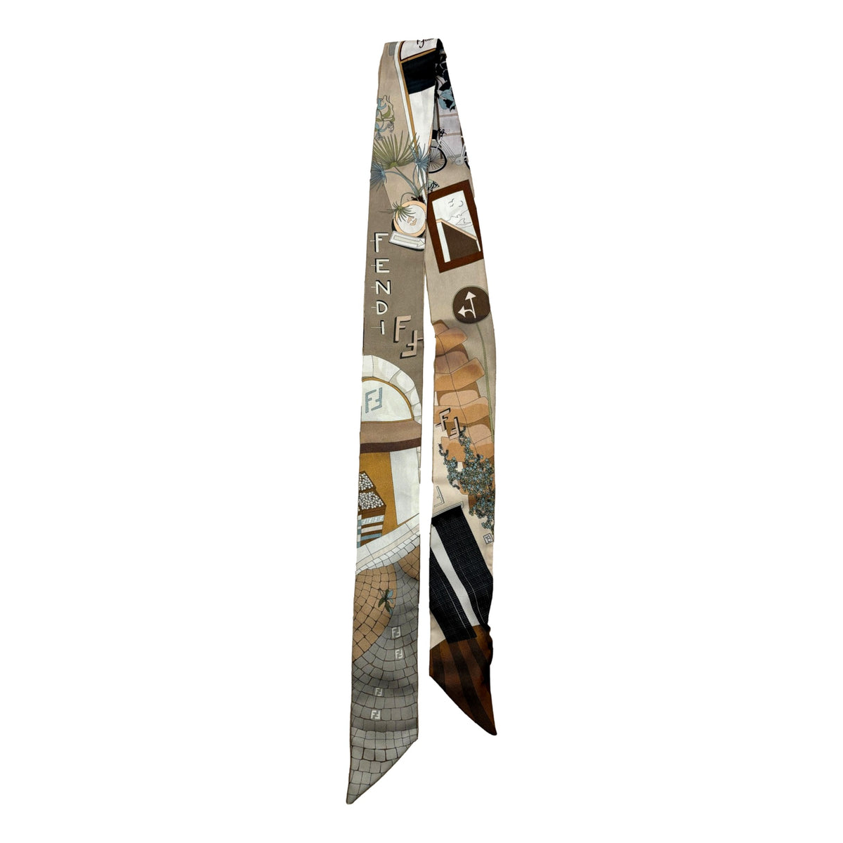 Fendi Roma Boutique Print Silk Wrappy Scarf Beige Brown - available at Queen Bee of Beverly Hills. 