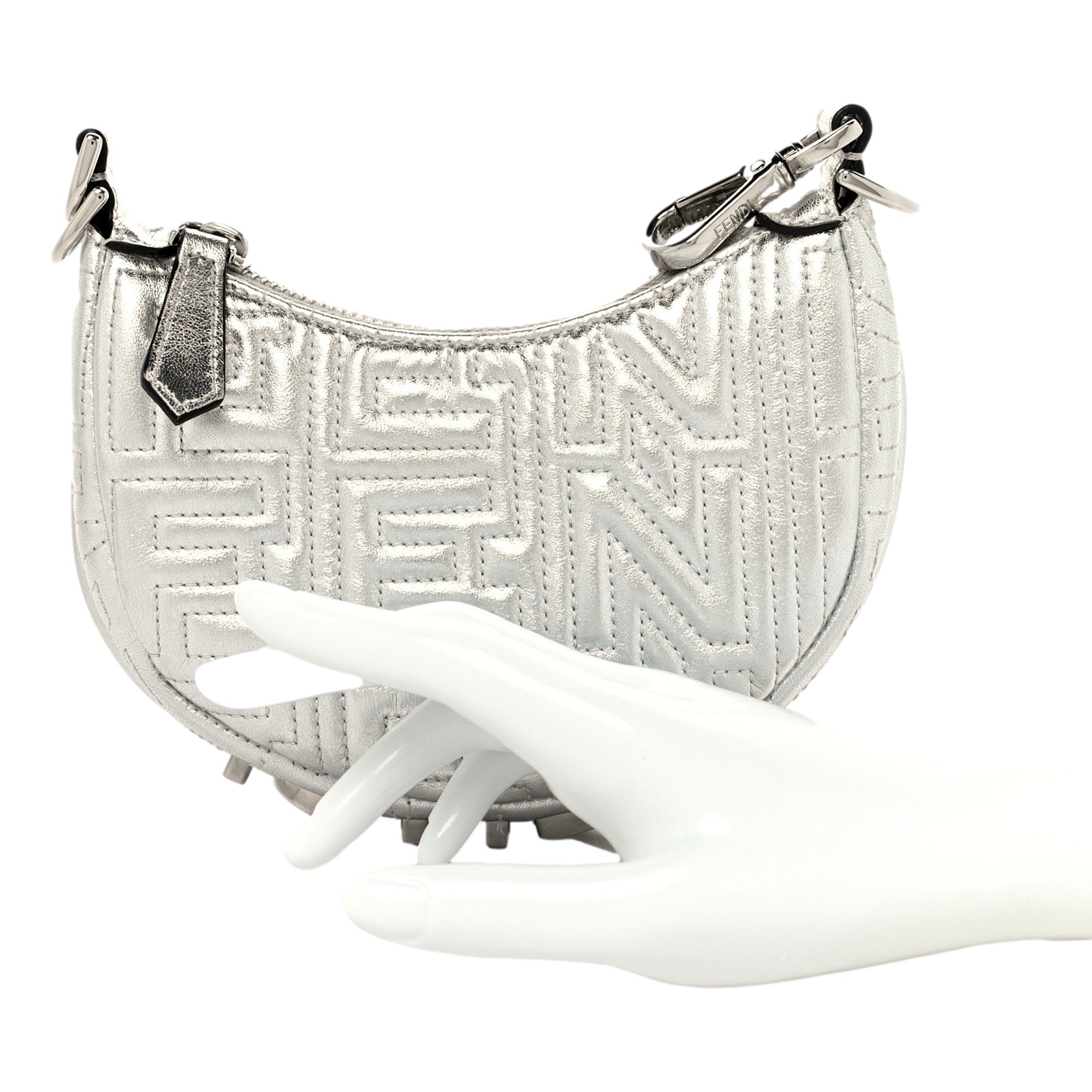 Fendi x Marc Jacobs Fendigraphy Silver Mini Hobo Leather Bag available at Queen Bee of Beverly Hills