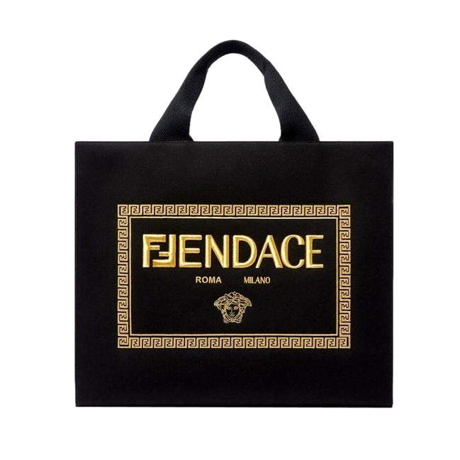 Fendi x Versace Fendace Black Canvas Convertible Large Shopping Tote available at Queen Bee of Beverly Hills