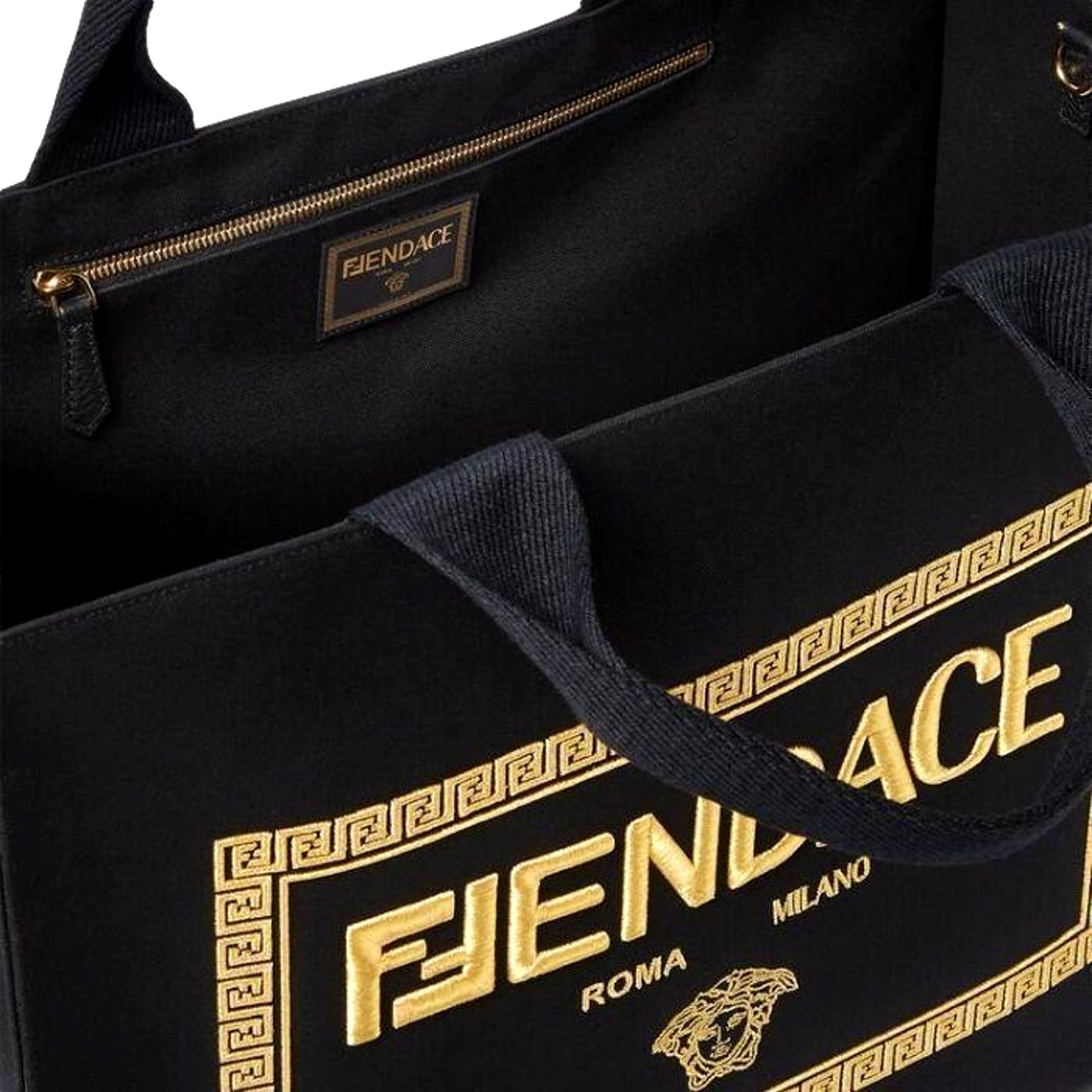 Fendi x Versace Fendace Black Canvas Convertible Large Shopping Tote available at Queen Bee of Beverly Hills