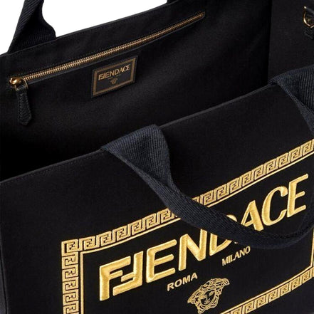 Fendi x Versace Fendace Black Canvas Convertible Large Shopping Tote available at Queen Bee of Beverly Hills