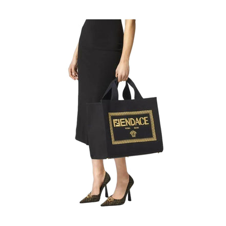 Fendi x Versace Fendace Black Canvas Convertible Large Shopping Tote available at Queen Bee of Beverly Hills