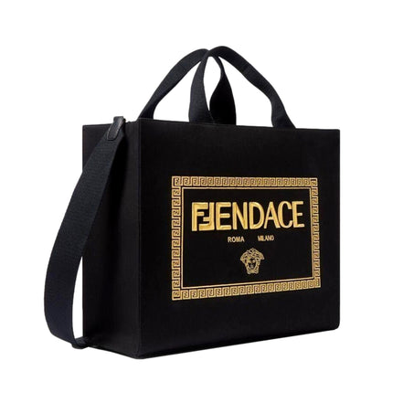 Fendi x Versace Fendace Black Canvas Convertible Large Shopping Tote available at Queen Bee of Beverly Hills