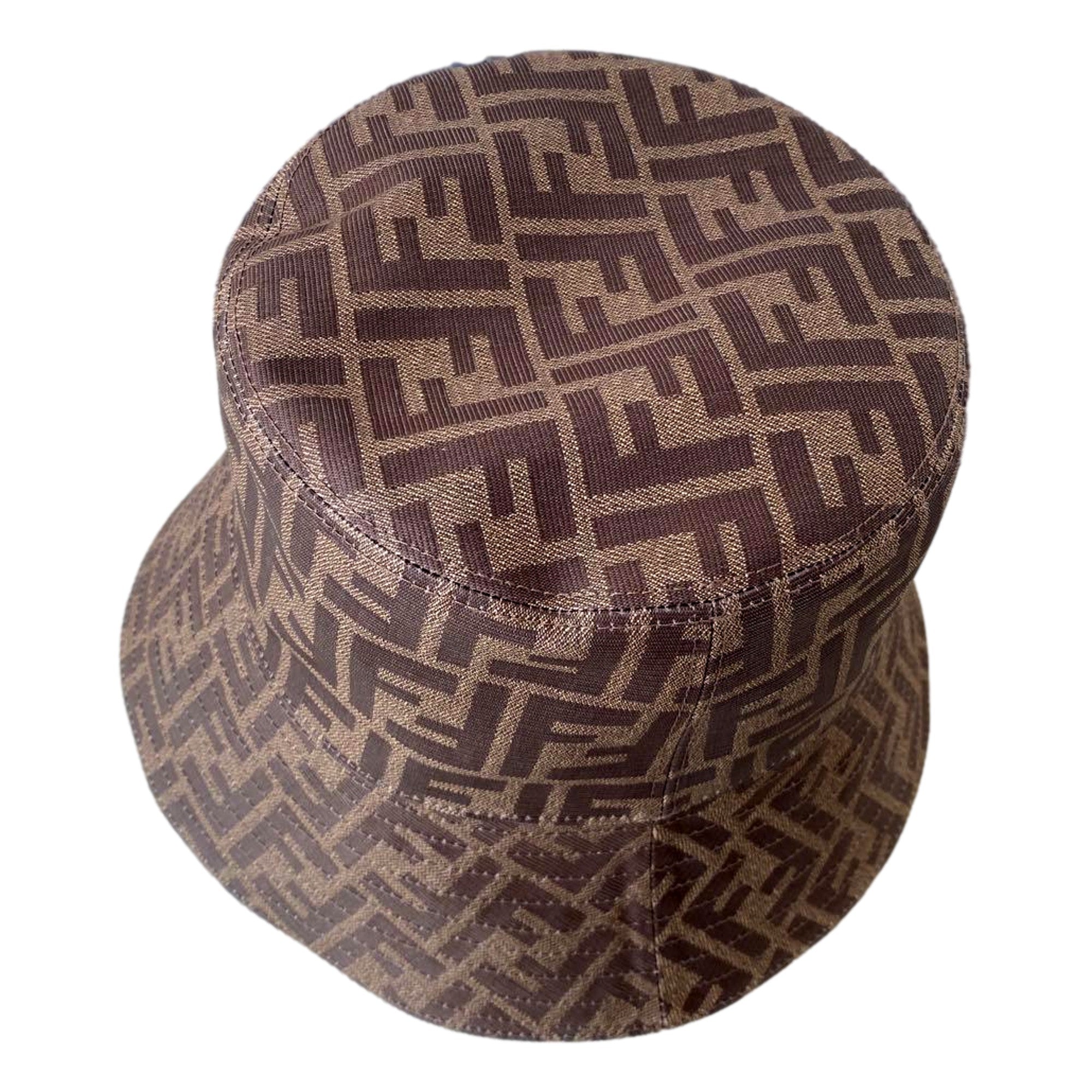 Fendi Zucca Brown Woven Fabric Bucket Hat Large available at Queen Bee of Beverly Hills