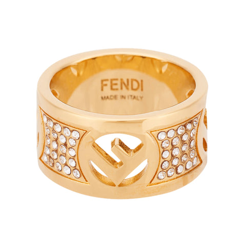 Fendi F is Fendi Logo Ring Wide Band Crystal Gold Metal Size Large