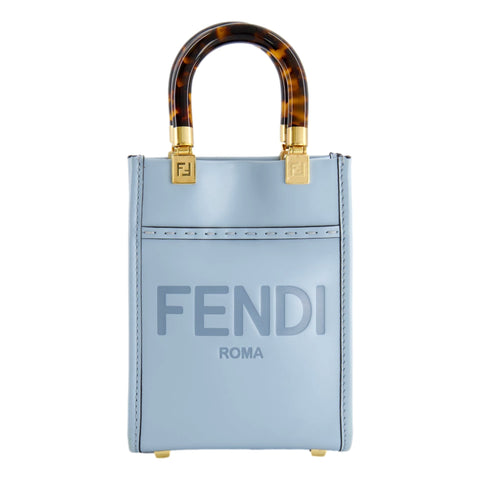 Fendi Mini Sunshine Shopper Tote Crossbody Bag 2Way Baby Blue Leather