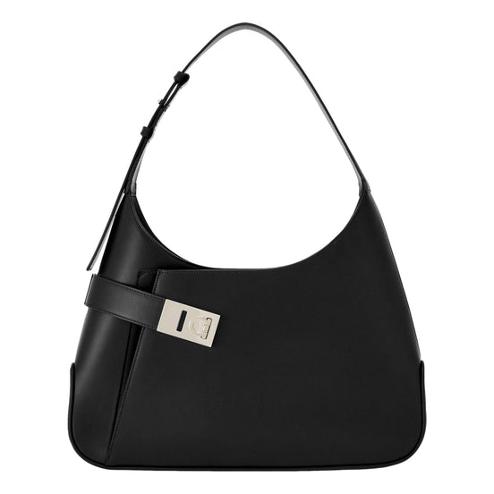 Ferragamo Arch Black Brushed Leather Hobo Shoulder Bag available at Queen Bee of Beverly Hills