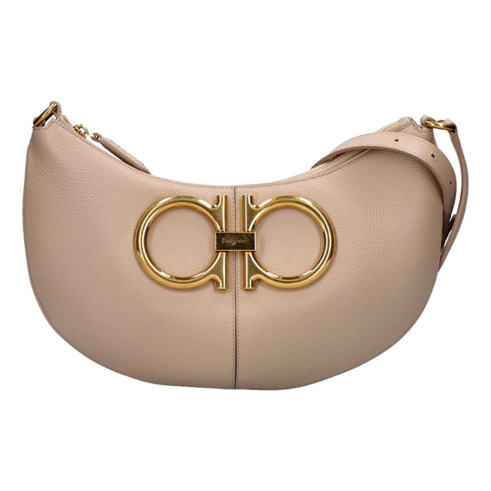 Ferragamo Gancio Beige Calfskin Daino Maxi Hobo Shoulder Bag available at Queen Bee of Beverly Hills