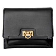 Ferragamo Trifolio Black Leather Flap Crossbody Bag Gold Gancini sold at Queen Bee of Beverly Hills