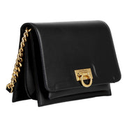 Ferragamo Trifolio Black Leather Flap Crossbody Bag Gold Gancini sold at Queen Bee of Beverly Hills