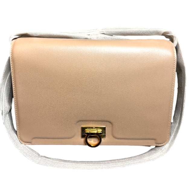 Ferragamo Trifolio Soft Leather Flap Crossbody Bag Ameretti Beige Gold Hardware sold at Queen Bee of Beverly Hills