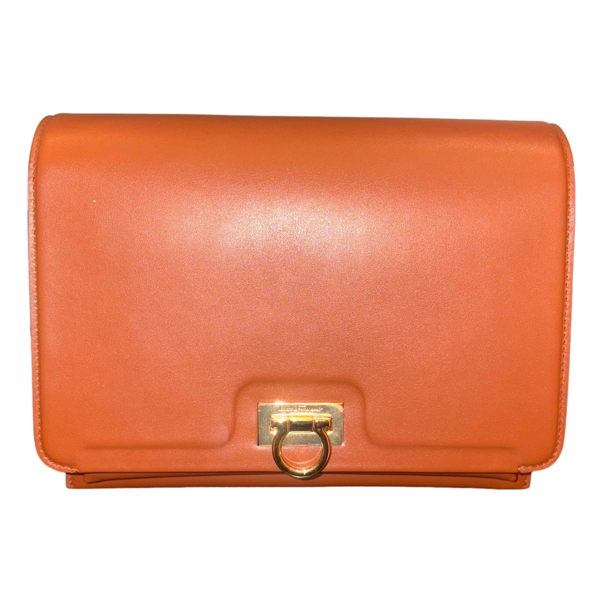 Ferragamo Trifolio Soft Leather Flap Crossbody Bag Cognac Brown available at Queen Bee of Beverly Hills