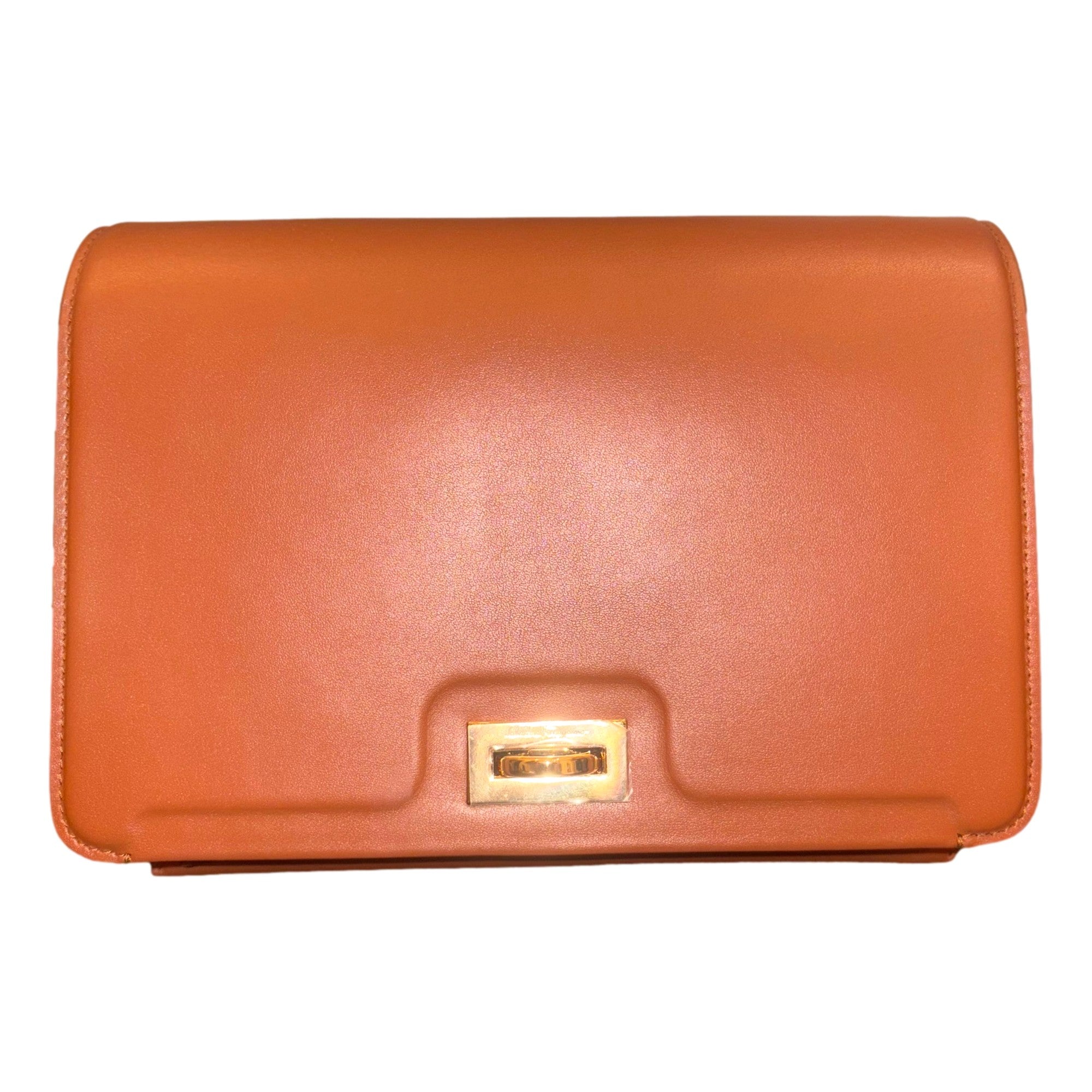 Ferragamo Trifolio Soft Leather Flap Crossbody Bag Cognac Brown available at Queen Bee of Beverly Hills