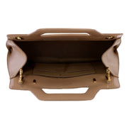 Ferragamo Wanda Beige Patent Leather Top Handle Handbag available at Queen Bee of Beverly Hills