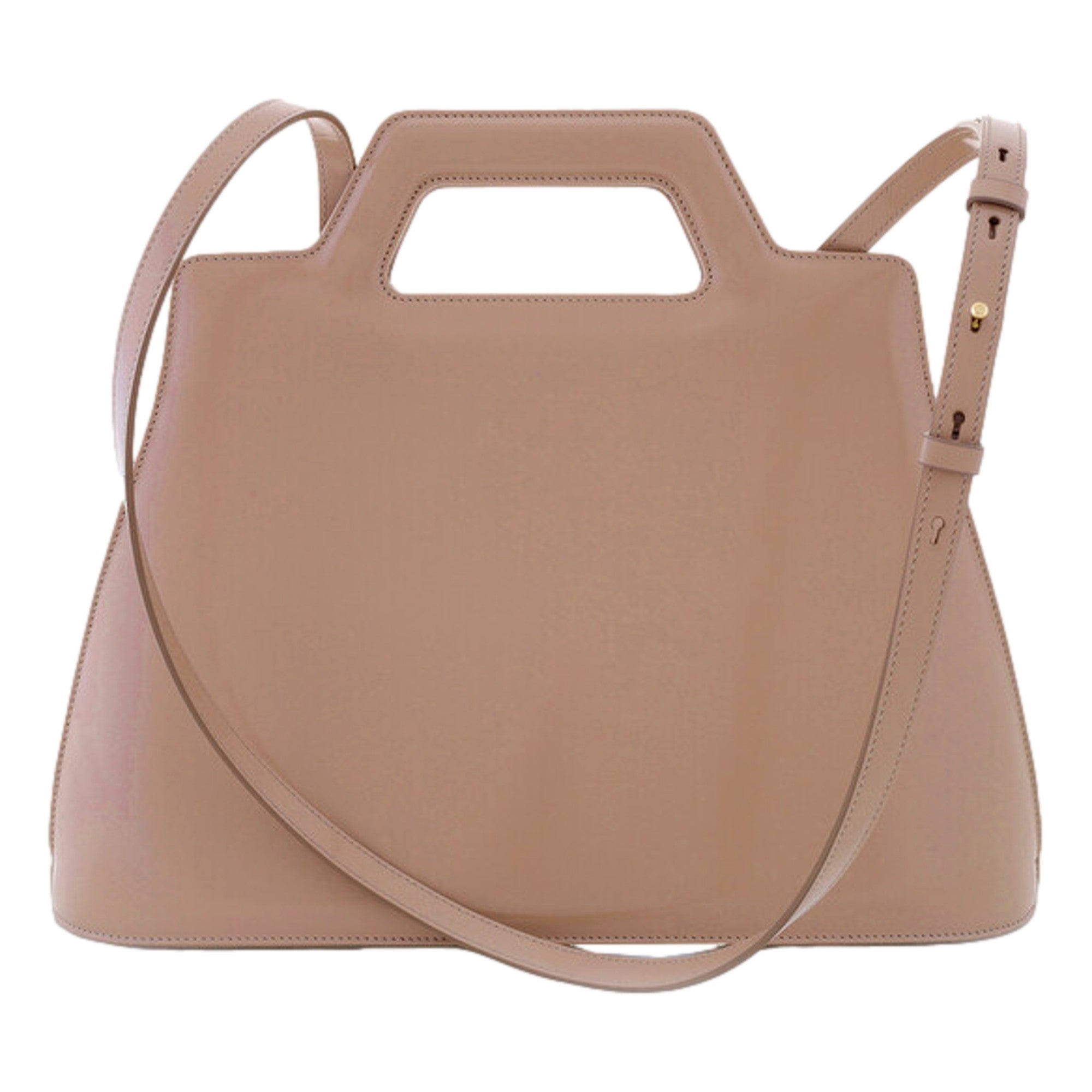 Ferragamo Wanda Beige Patent Leather Top Handle Handbag available at Queen Bee of Beverly Hills