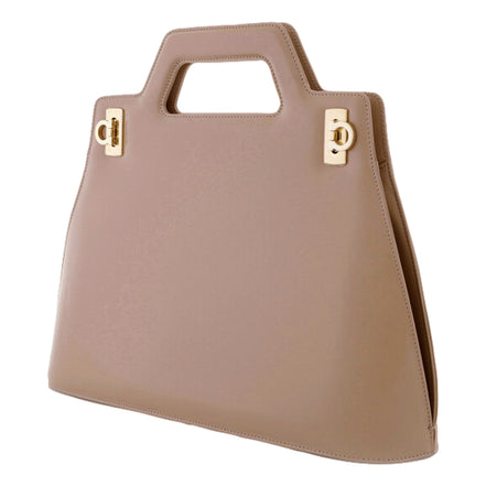 Ferragamo Wanda Beige Patent Leather Top Handle Handbag available at Queen Bee of Beverly Hills