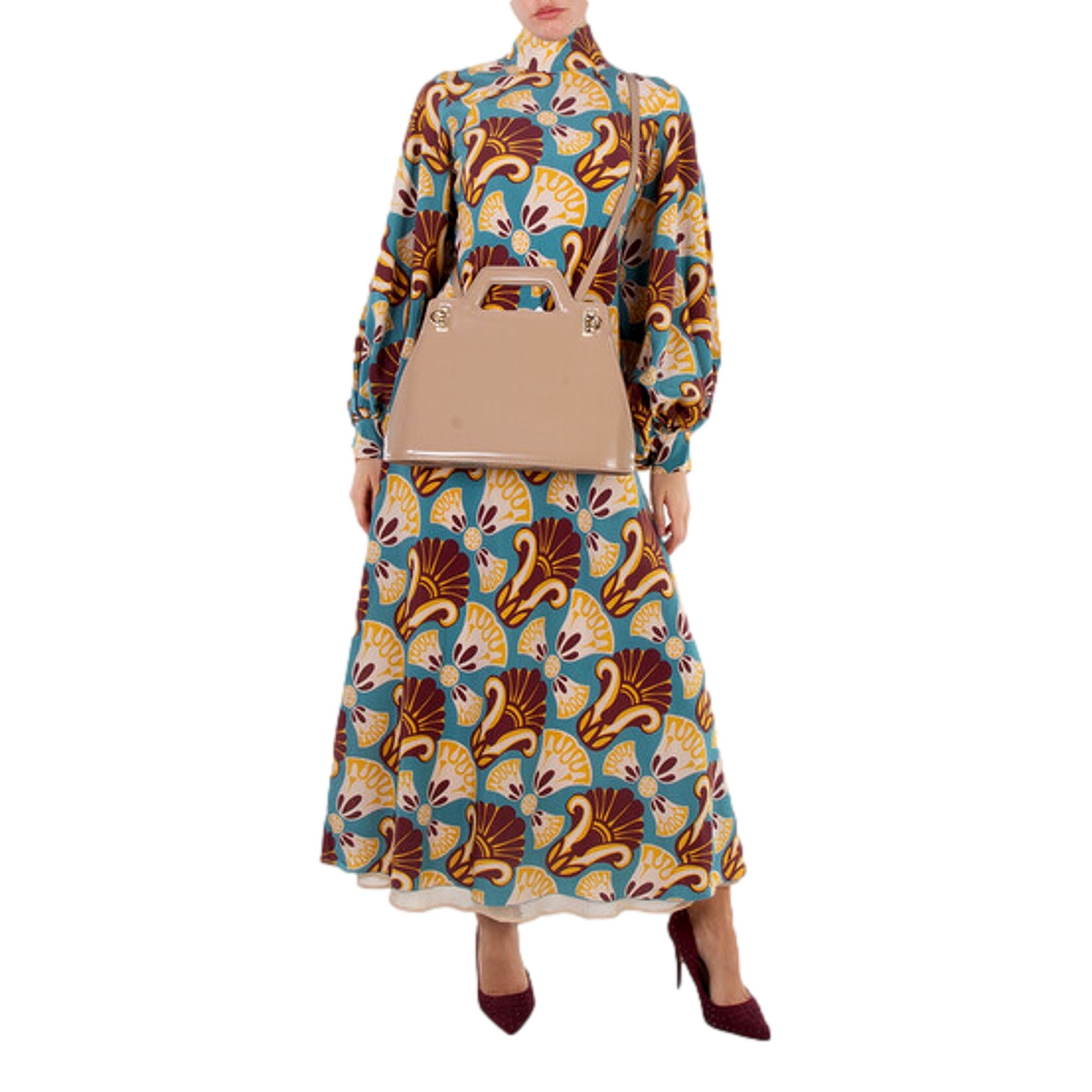 Ferragamo Wanda Beige Patent Leather Top Handle Handbag available at Queen Bee of Beverly Hills