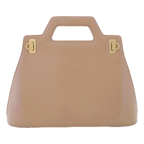 Ferragamo Wanda Beige Patent Leather Top Handle Handbag available at Queen Bee of Beverly Hills