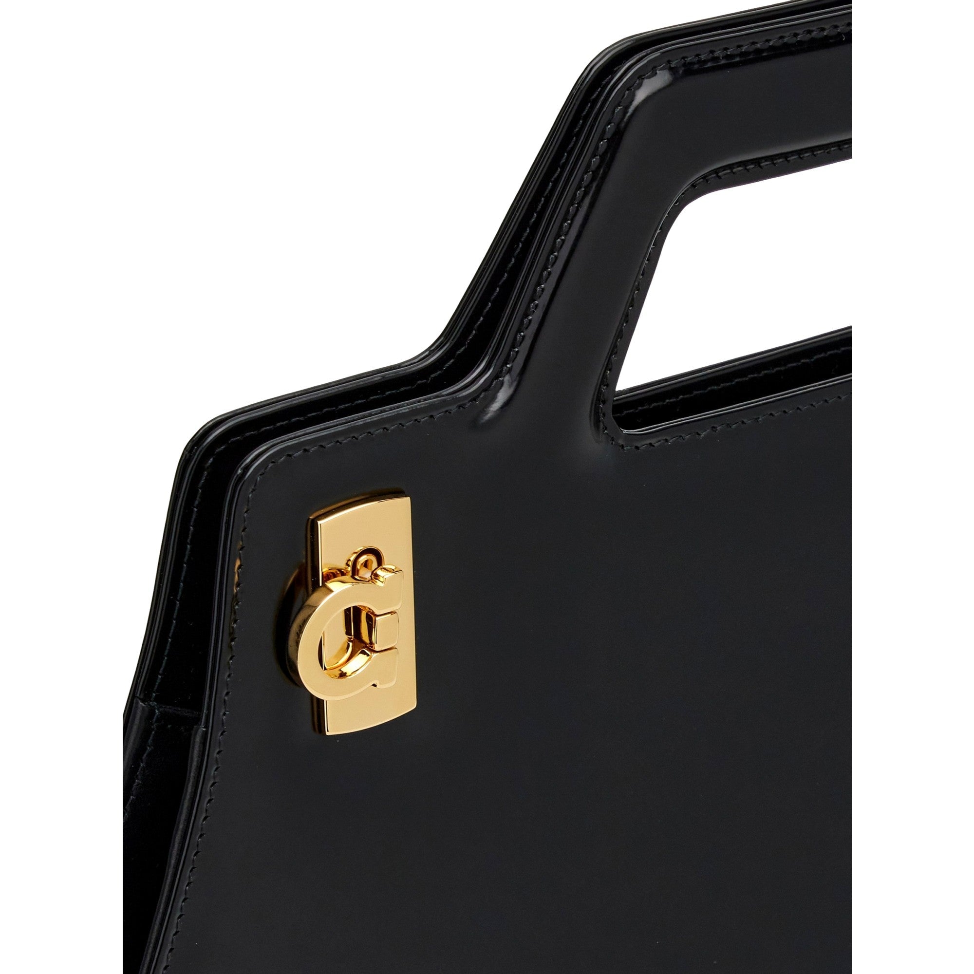 Ferragamo Wanda Black Patent Leather Top Handle Handbag available at Queen Bee of Beverly Hills