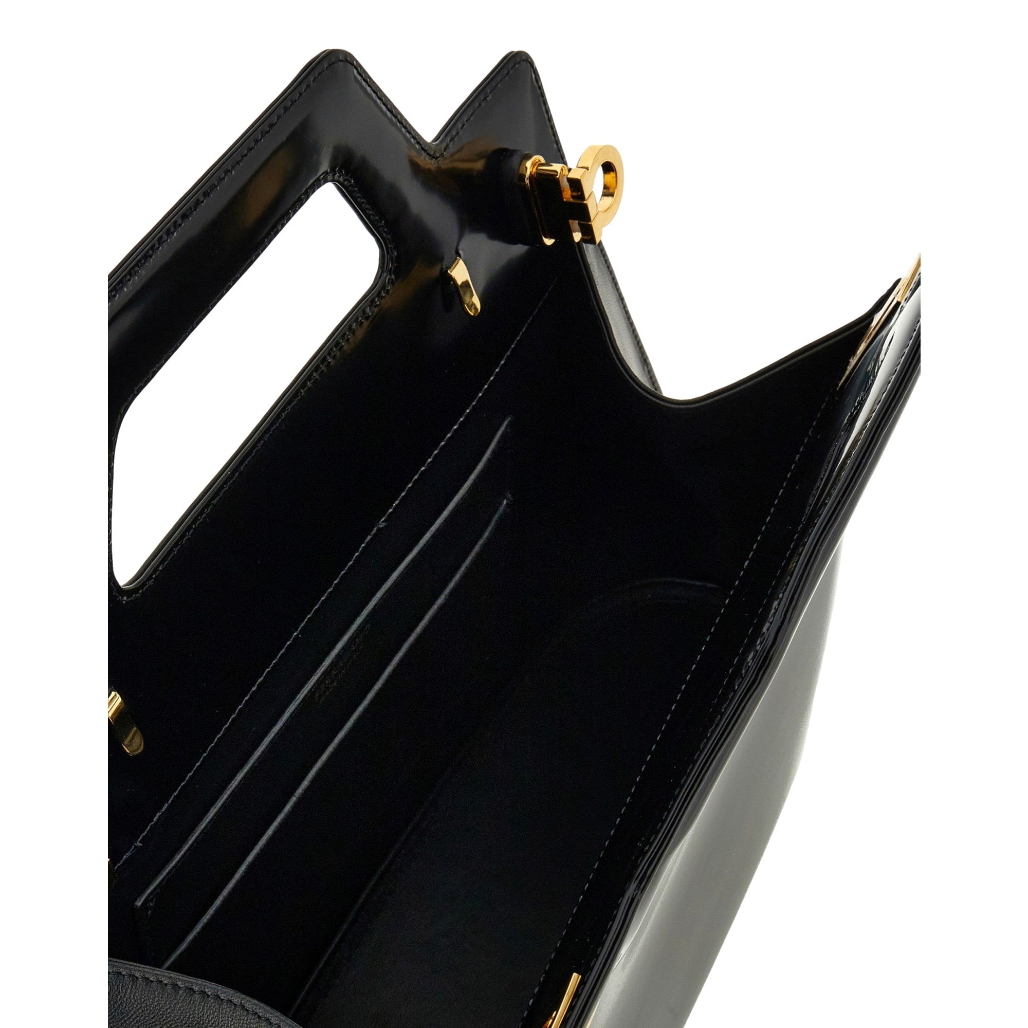 Ferragamo Wanda Black Patent Leather Top Handle Handbag available at Queen Bee of Beverly Hills