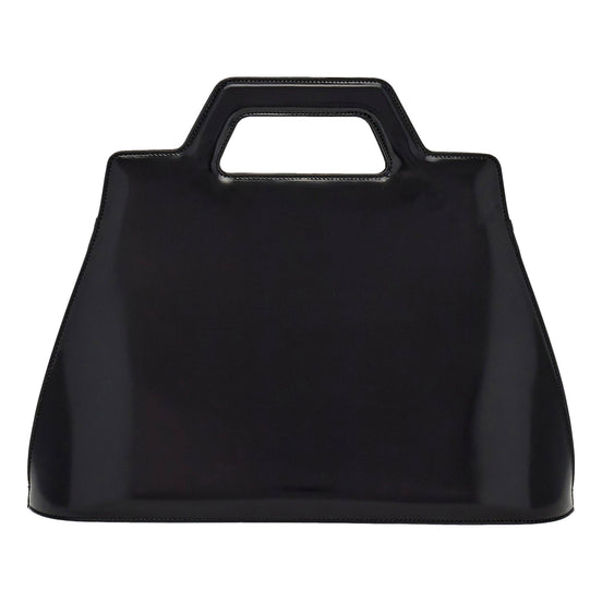 Ferragamo Wanda Black Patent Leather Top Handle Handbag available at Queen Bee of Beverly Hills