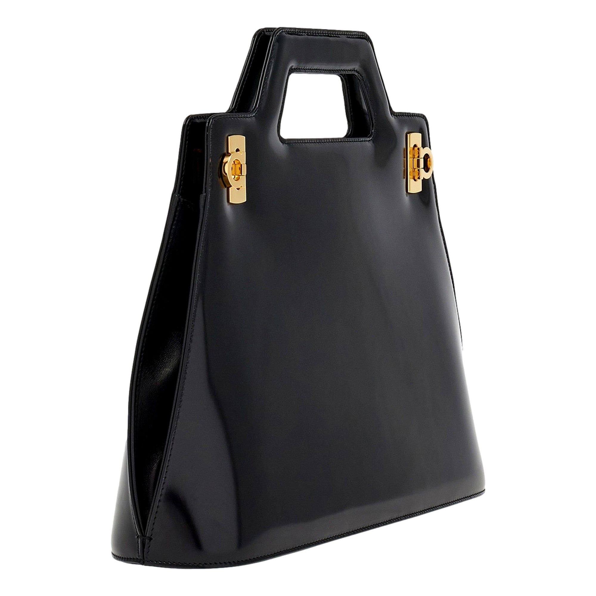 Ferragamo Wanda Black Patent Leather Top Handle Handbag available at Queen Bee of Beverly Hills