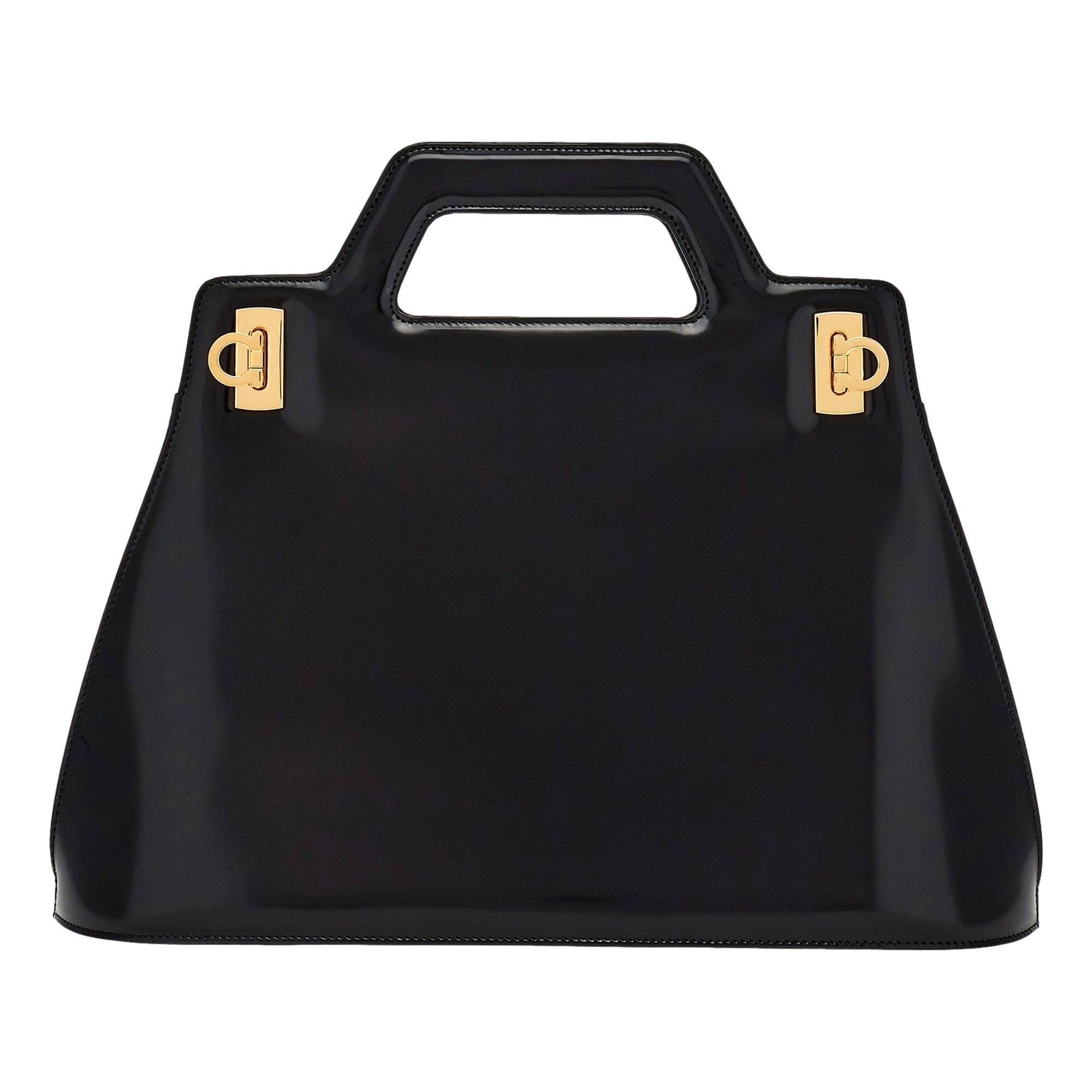 Ferragamo Wanda Black Patent Leather Top Handle Handbag available at Queen Bee of Beverly Hills