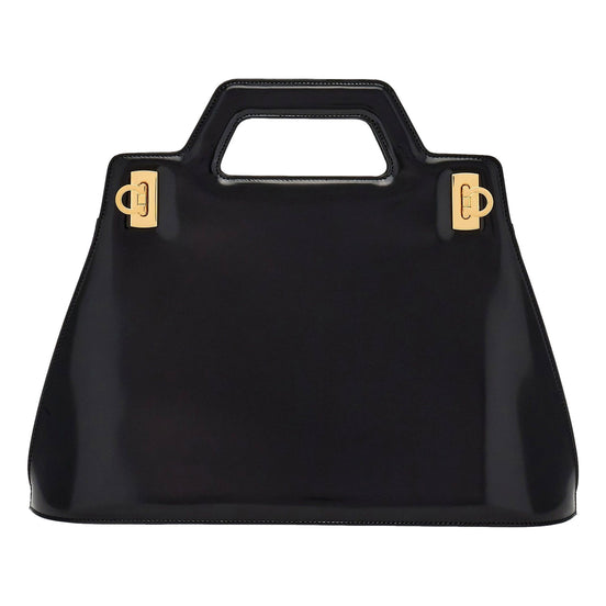 Ferragamo Wanda Black Patent Leather Top Handle Handbag available at Queen Bee of Beverly Hills