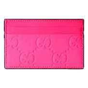 Gucci GG Leather Rubber Effect Neon Pink Card Holder Wallet 