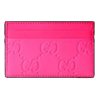 Gucci GG Leather Rubber Effect Neon Pink Card Holder Wallet 