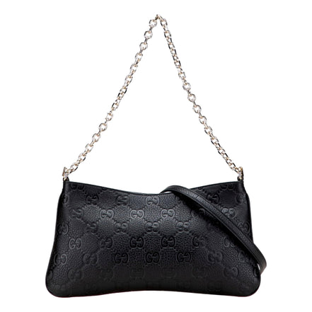 Gucci GG Emblem Black Leather Shoulder Bag Chain Strap