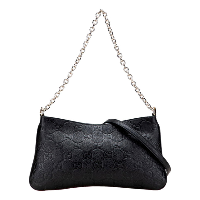 Gucci GG Emblem Black Leather Shoulder Bag Chain Strap