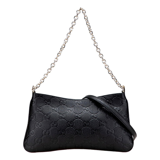 Gucci GG Emblem Black Leather Shoulder Bag Chain Strap