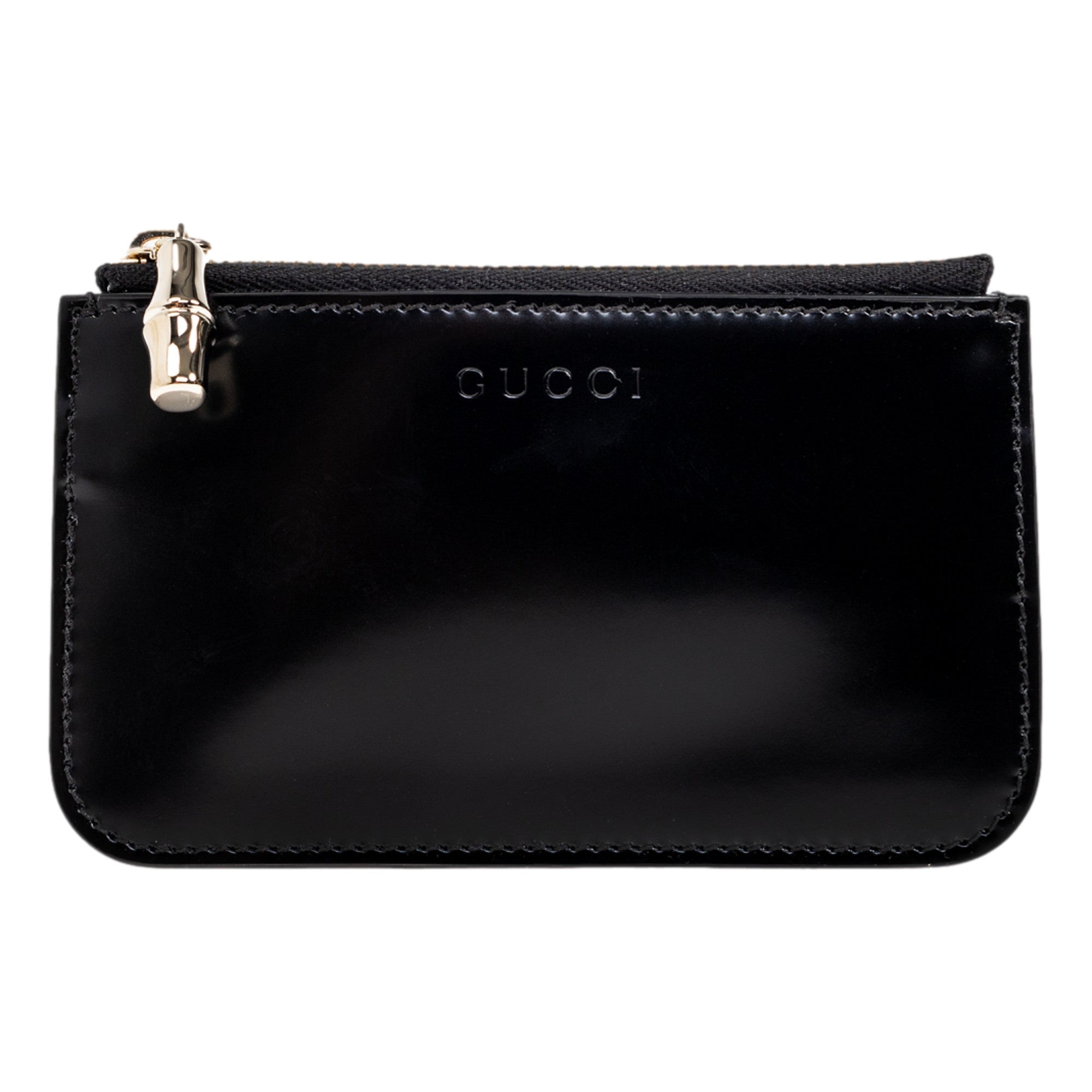 Gucci Bamboo Pull Zipper Black Patent Leather Card Case Wallet
