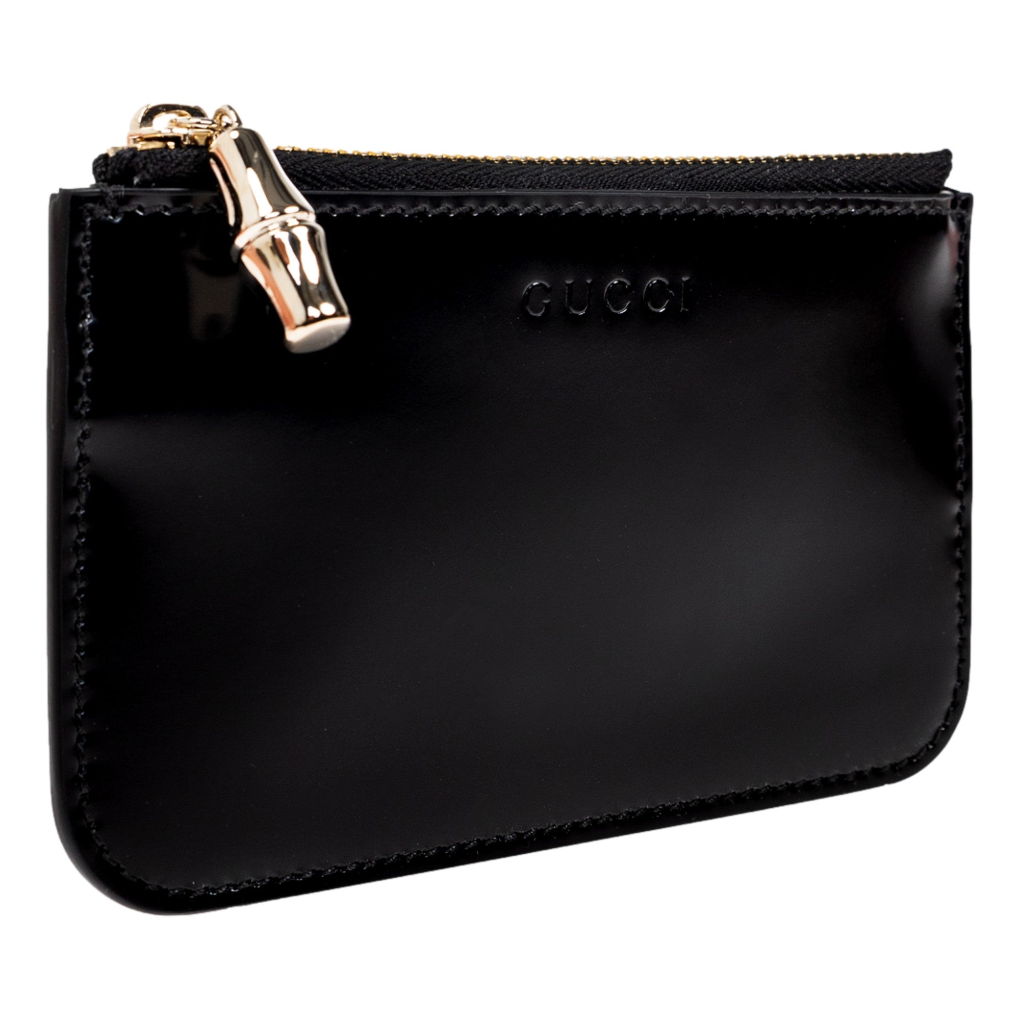 Gucci Bamboo Pull Zipper Black Patent Leather Card Case Wallet