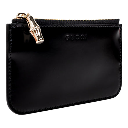 Gucci Bamboo Pull Zipper Black Patent Leather Card Case Wallet