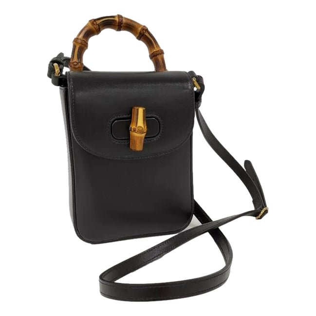 Gucci Bamboo Mini Handbag Top Handle Bag in Black Leather available at Queen Bee of Beverly Hills