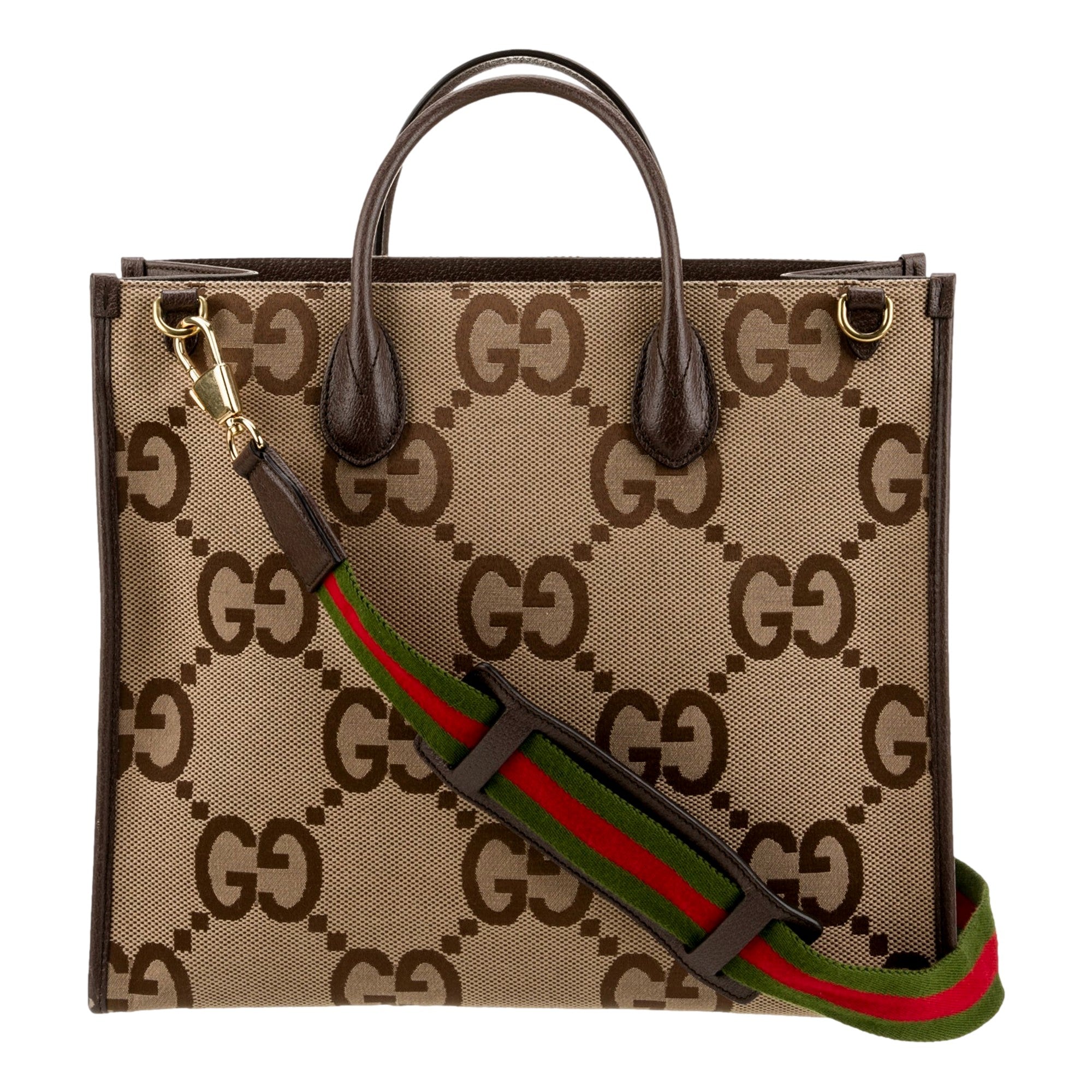 Gucci Beige Brown Canvas Jumbo GG Tote Bag Web Stripe Shoulder Strap available at Queen Bee of Beverly Hills