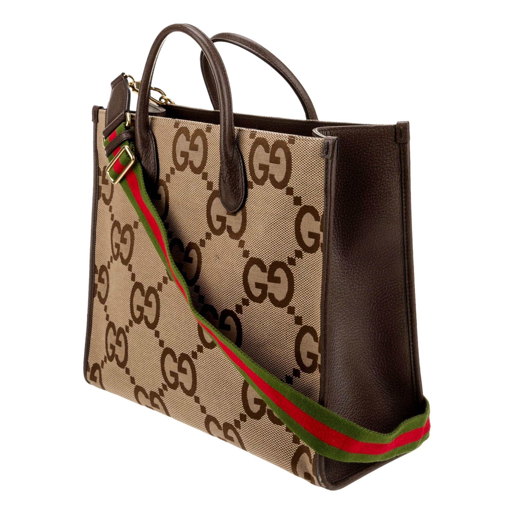 Gucci Beige Brown Canvas Jumbo GG Tote Bag Web Stripe Shoulder Strap available at Queen Bee of Beverly Hills
