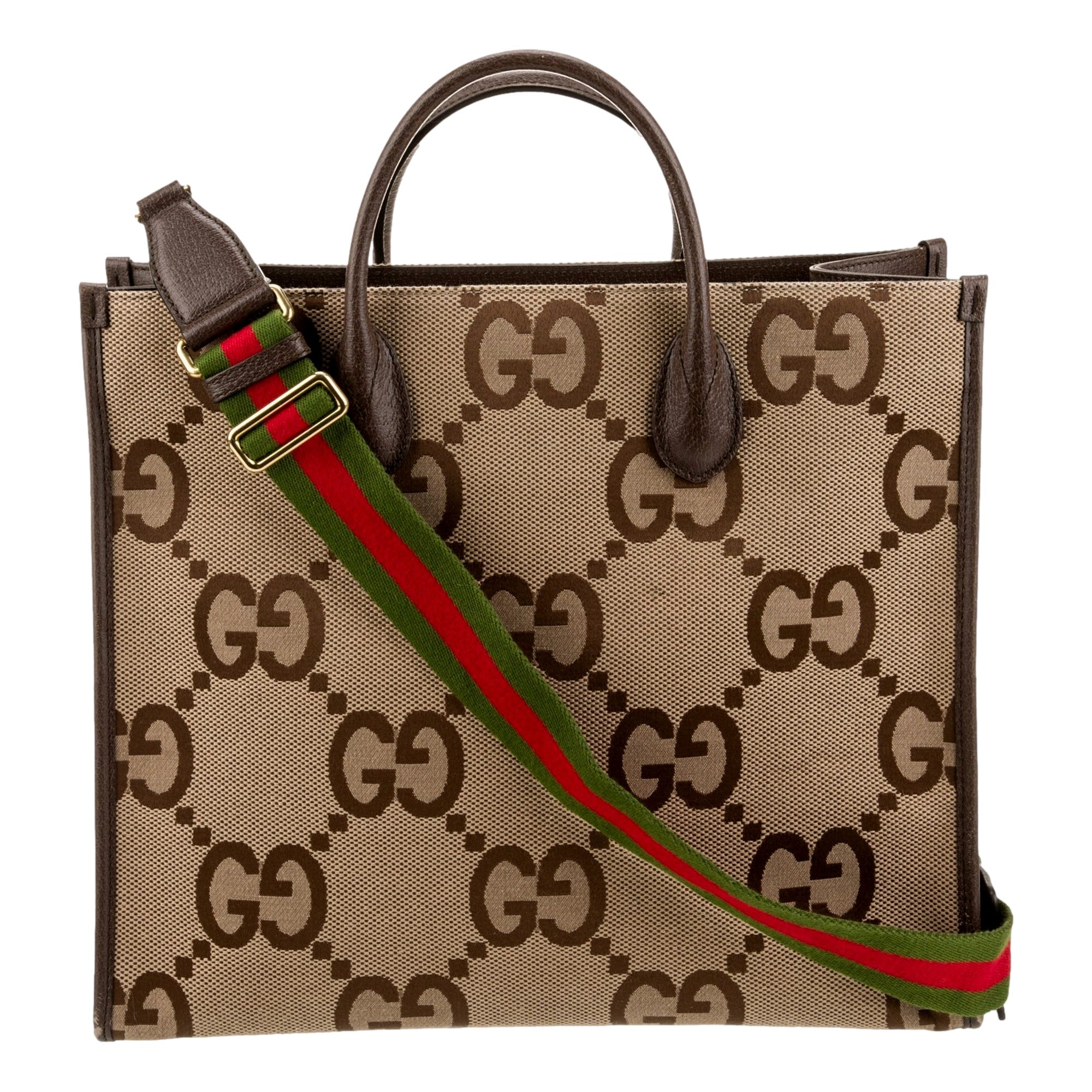 Gucci Beige Brown Canvas Jumbo GG Tote Bag Web Stripe Shoulder Strap available at Queen Bee of Beverly Hills