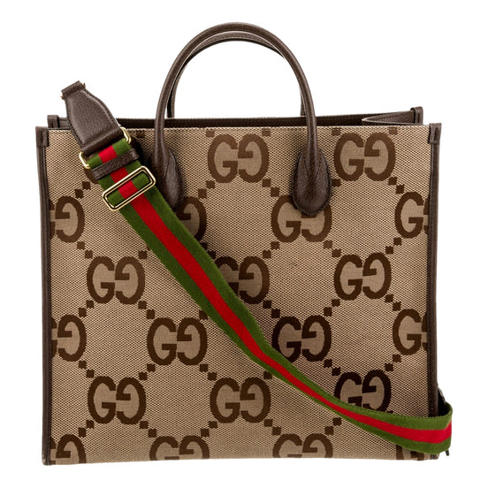 Gucci Beige Brown Canvas Jumbo GG Tote Bag Web Stripe Shoulder Strap available at Queen Bee of Beverly Hills