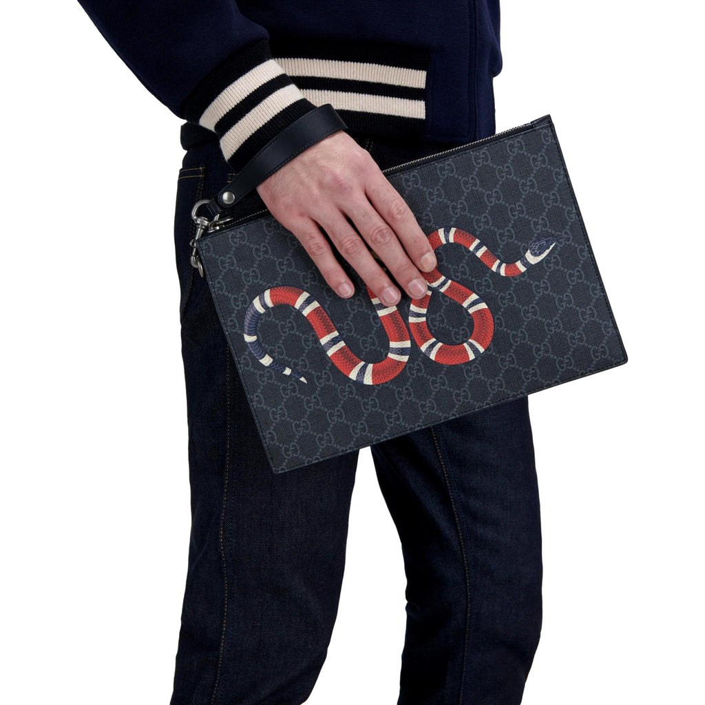 Gucci Bestiary Kingsnake Black GG Supreme Canvas Wristlet Clutch at_Queen_Bee_of_Beverly_Hills