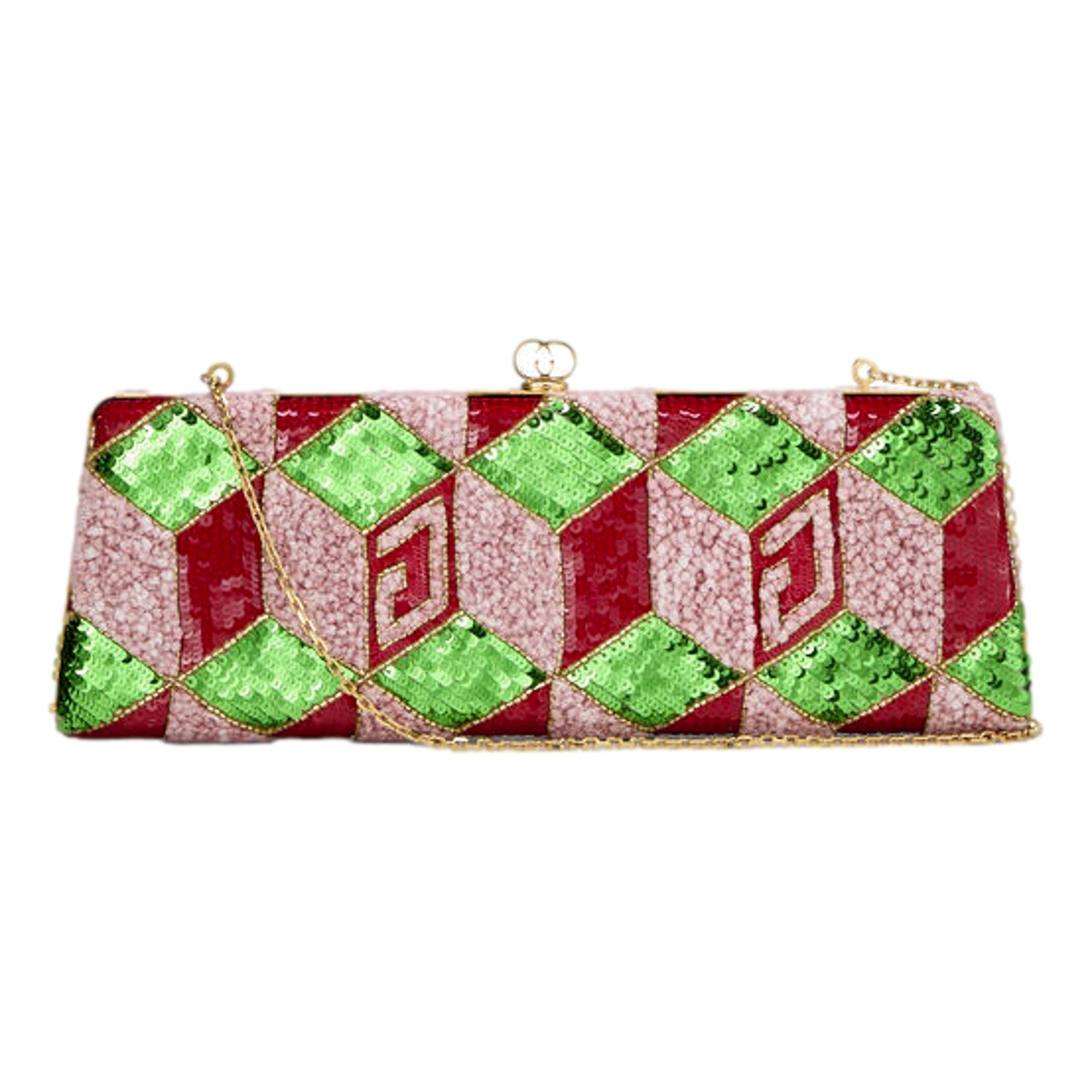 Gucci Broadway Embellished Sequins and Crystals Red Green Pink Chain Shoulder Bag Clutch available at Queen Bee of Beverly Hills