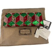 Gucci Broadway Embellished Sequins and Crystals Red Green Pink Chain Shoulder Bag Clutch available at Queen Bee of Beverly Hills