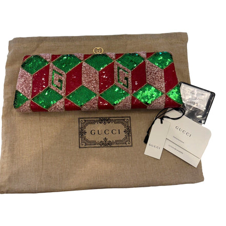 Gucci Broadway Embellished Sequins and Crystals Red Green Pink Chain Shoulder Bag Clutch available at Queen Bee of Beverly Hills
