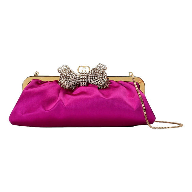 Gucci Broadway Fuchsia Satin Crystal Bow Clutch Chain Shoulder Bag available at Queen Bee of Beverly Hills