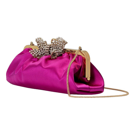 Gucci Broadway Fuchsia Satin Crystal Bow Clutch Chain Shoulder Bag available at Queen Bee of Beverly Hills